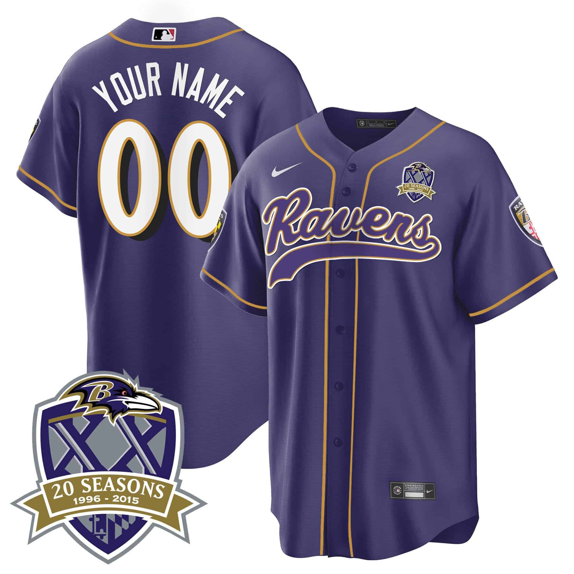 Men Baltimore Ravens Purple 2024 Nike 20th Season Patch Baseball Custom NFL Jersey style 1